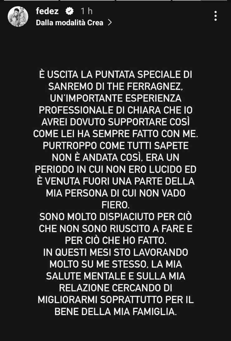 Fedez e il messaggio di scuse