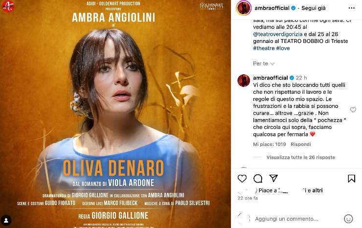 Ambra Angiolini: messaggio social